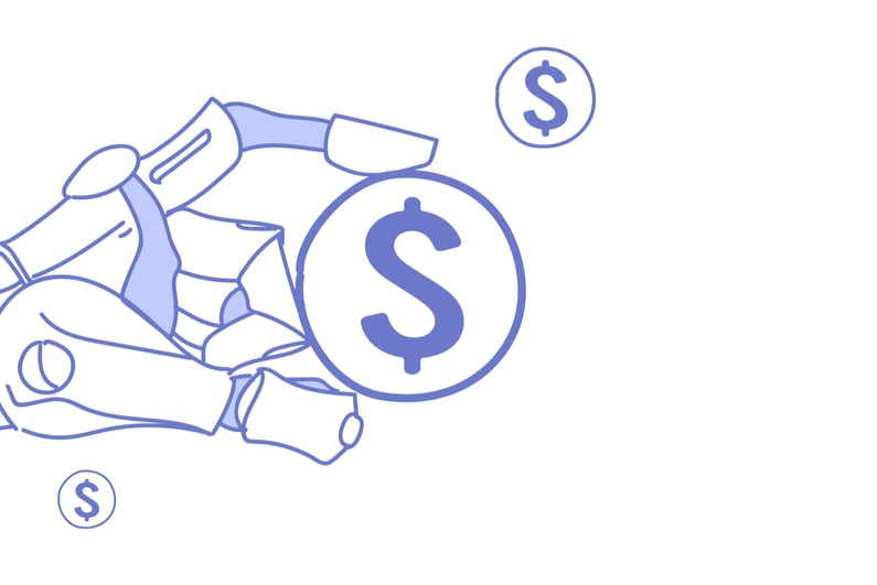 Robot hand holding dollar symbol