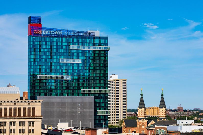 Exterior daytime view of Greektown Casino in Detroit.