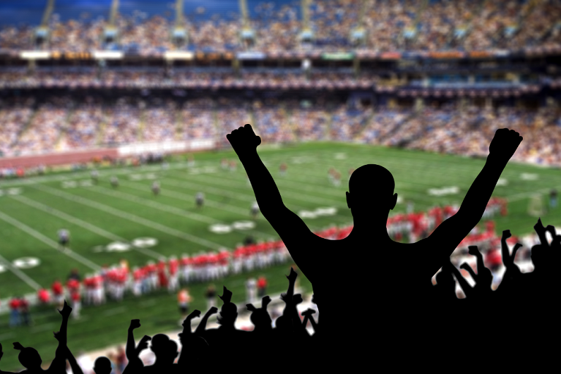 Fan celebrating a victory at an American football game.