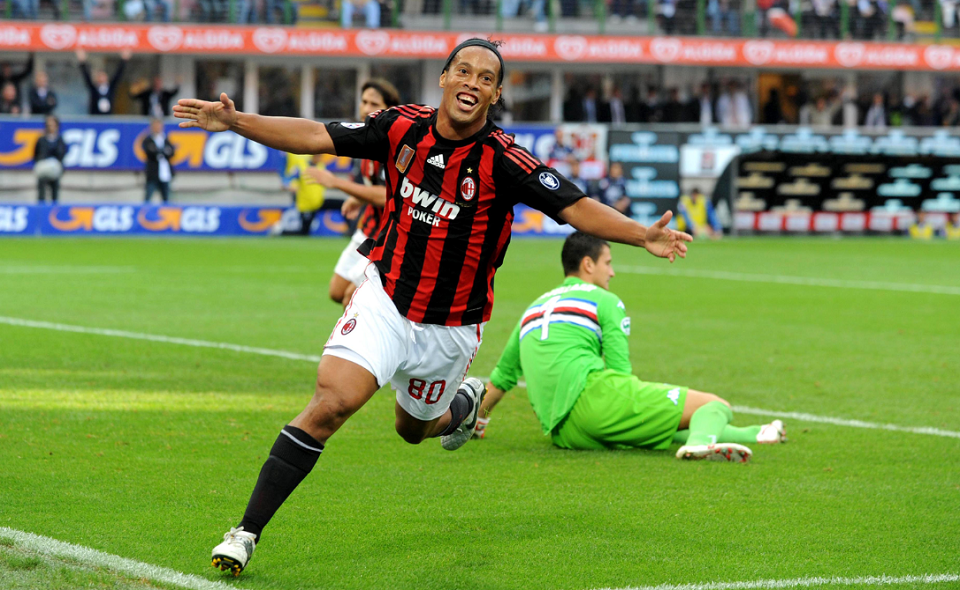 Ronaldinho celebrates after scoring a goal for AC Milan