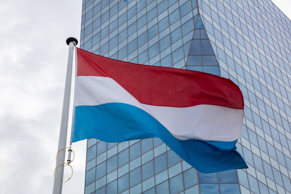 Netherlands flag with skyscraper in the background